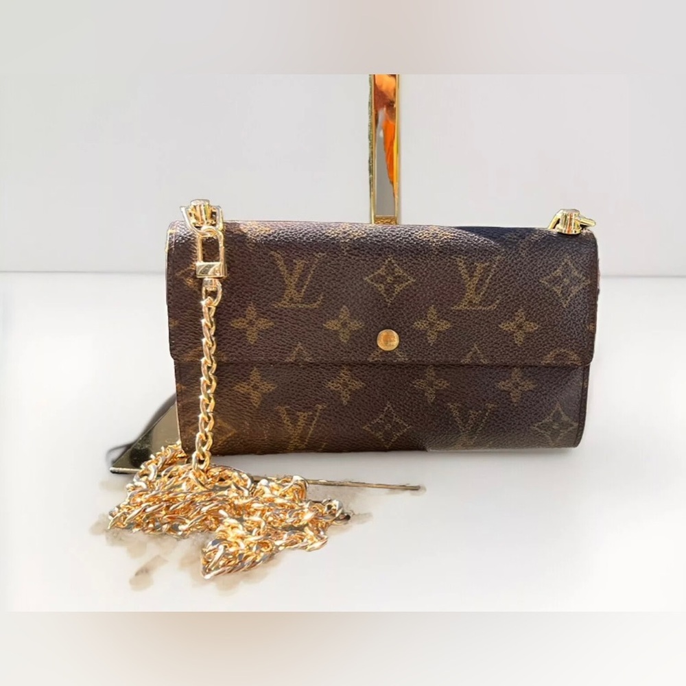 LOUIS VUITTON Monogram Leather Long Wallet on Chain WOC Authentic Brown